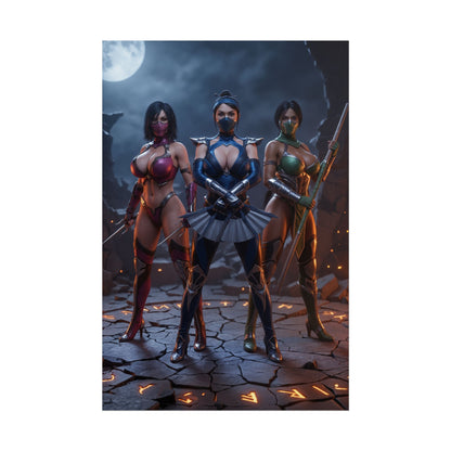 Kitana Mileena Jade Poster, Mortal Kombat Art Print – Iconic Trio three female fighters in dynamic night scene for gamer room decor