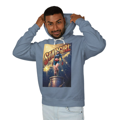 Stargirl Hoodie | DC Superhero Hoodie | Cosmic Staff Pullover - man wearing blue hoodie with vintage Stargirl graphic and cosmic staff design