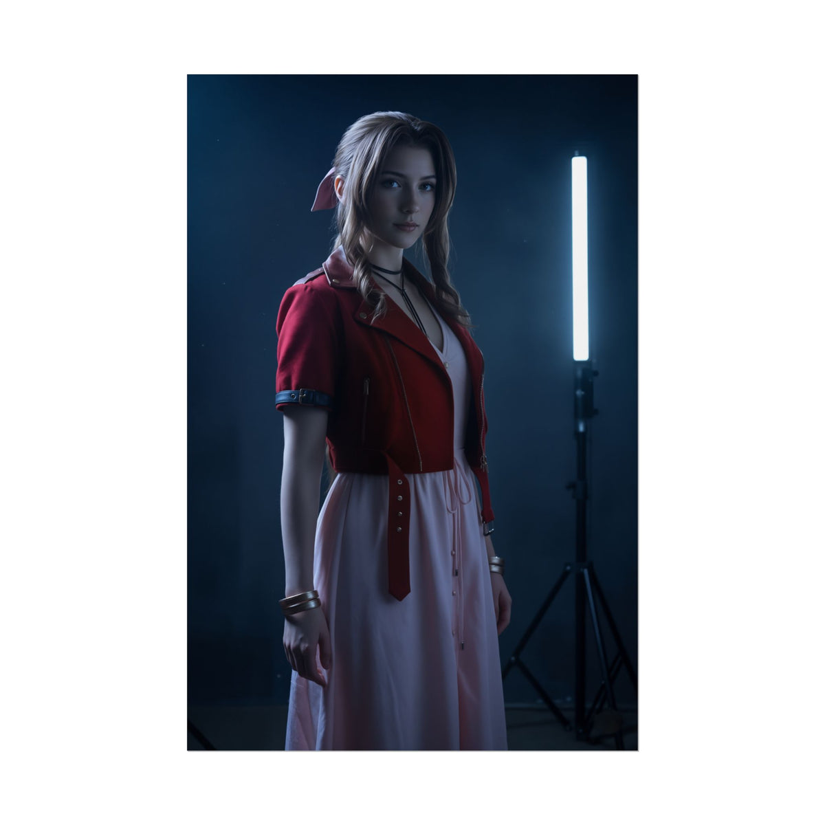 Aerith Poster, Final Fantasy Art Print  Iconic RPG Heroine Wall Art featuring graceful character portrait in red jacket and soft pink dress, high-resolution print