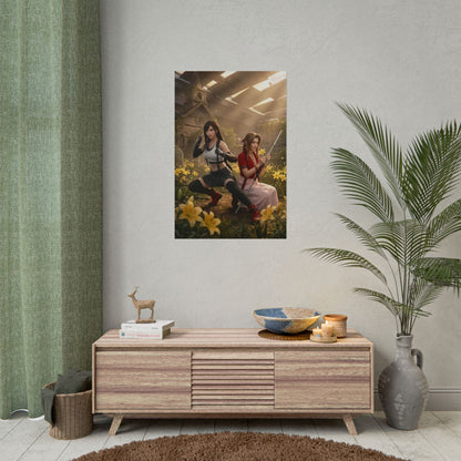 Tifa and Aerith Poster, Final Fantasy Art Print – Iconic RPG Duo hanging on wall in modern gaming room, vivid high-resolution art print