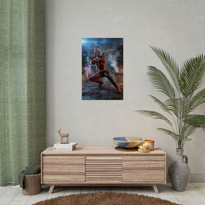 Harley Quinn Poster, DC Comics Art Print – Classic Comic Wall Decor in modern gaming room setup, character-focused comic art on neutral wall