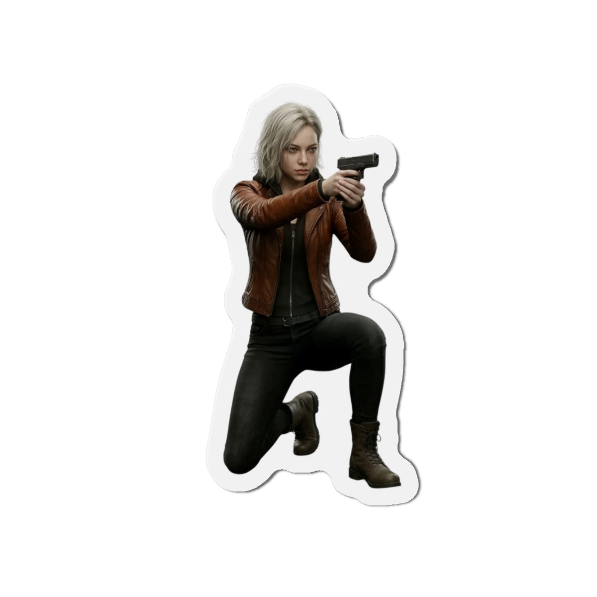Grace Ashcroft Magnet, Resident Evil Fridge Magnet, Survival Horror Game Decor — high-res vinyl magnet of Grace Ashcroft aiming handgun in kneeling pose
