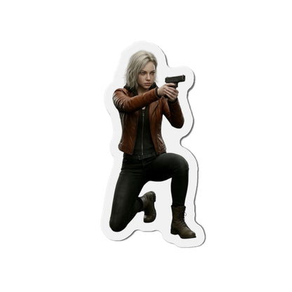 Grace Ashcroft Magnet, Resident Evil Fridge Magnet, Survival Horror Game Decor — high-res vinyl magnet of Grace Ashcroft aiming handgun in kneeling pose