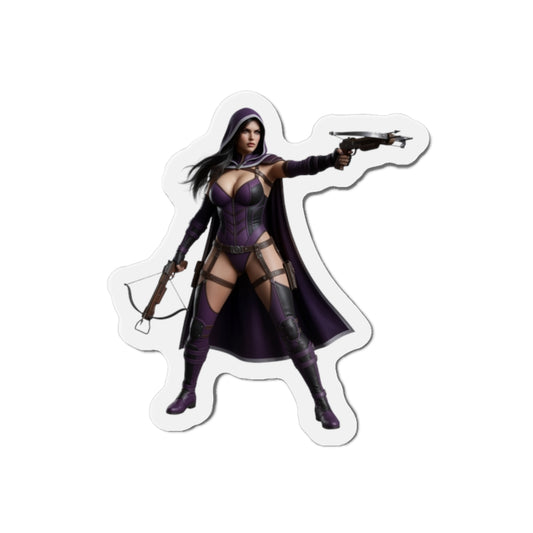 Huntress Magnet – DC Comic Heroine Fridge Magnet, Anime Style Decor: die-cut vinyl magnet of Huntress in anime-style pose on white background
