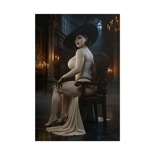 Lady Dimitrescu Poster Resident Evil Wall Art Print Gothic Room Decor showing elegant vampire seated in candlelit castle interior