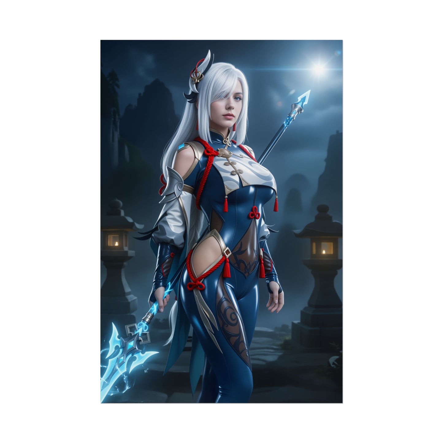 Shenhe Poster, Genshin Impact Art Print – Iconic Cryo Adeptus Heroine showing elegant Shenhe in icy blue battle attire with staff, perfect gamer room art