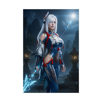 Shenhe Poster, Genshin Impact Art Print – Iconic Cryo Adeptus Heroine showing elegant Shenhe in icy blue battle attire with staff, perfect gamer room art