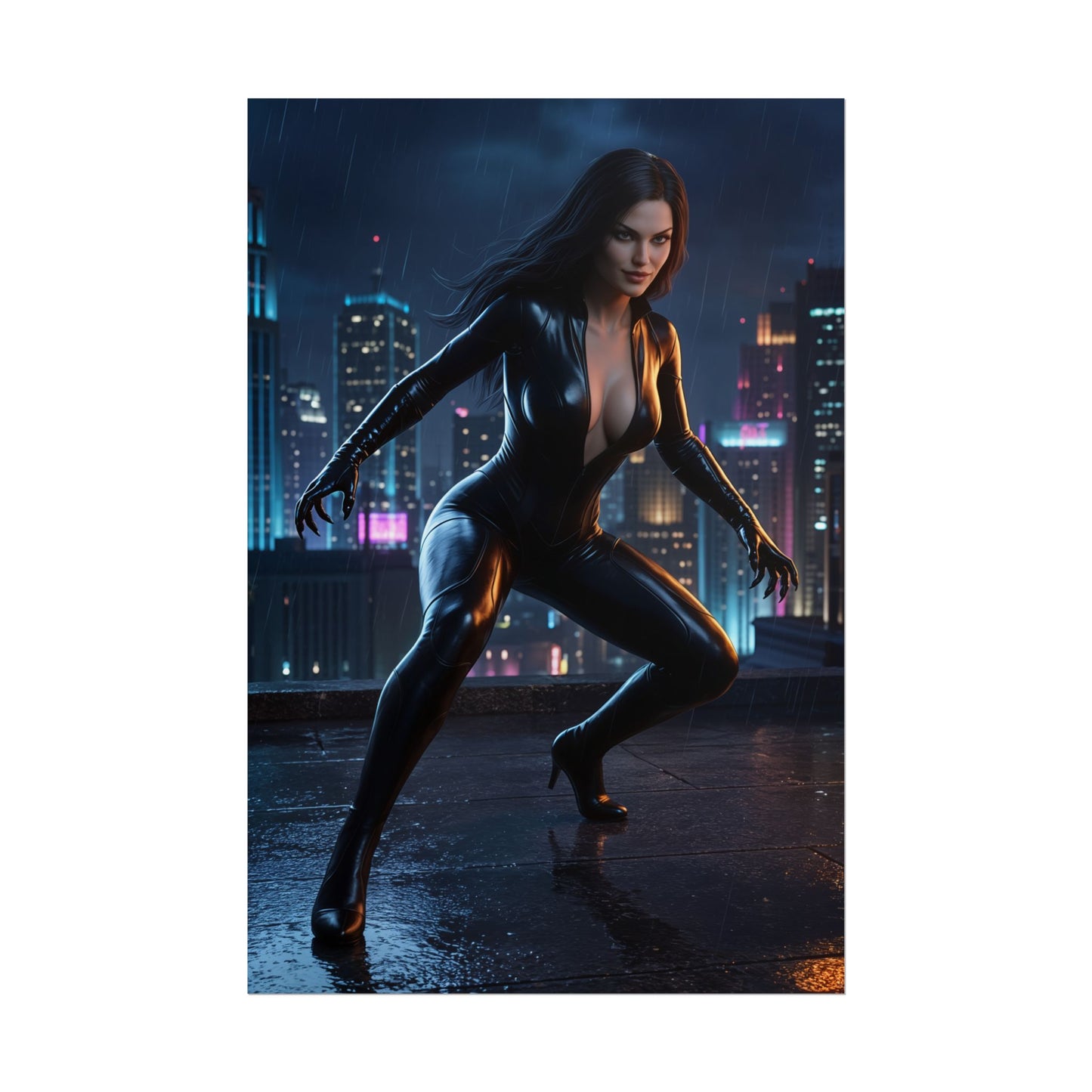 Black Cat Poster, Marvel Art Print – Gamer Room Superhero Wall Art showcasing sleek Black Cat in leather suit on rainy rooftop with city skyline, gamer decor