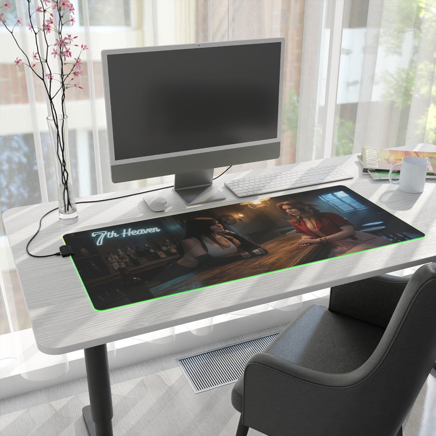 Tifa Lockhart & Aerith Gainsborough Desk Mat – LED RGB Pad showing duo design on illuminated gaming desk mat in modern workspace