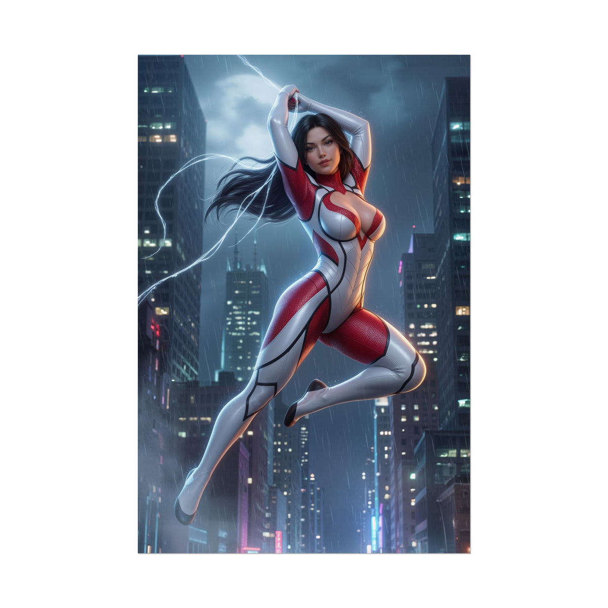 Spider-Woman Poster, Marvel Wall Art Print  Heroine Decor - dynamic comic-style heroine leaping over neon city skyline