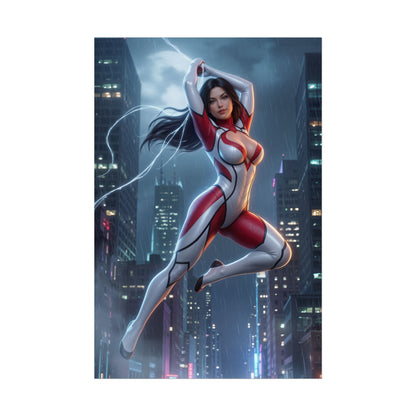 Spider-Woman Poster, Marvel Wall Art Print – Heroine Decor - dynamic comic-style heroine leaping over neon city skyline