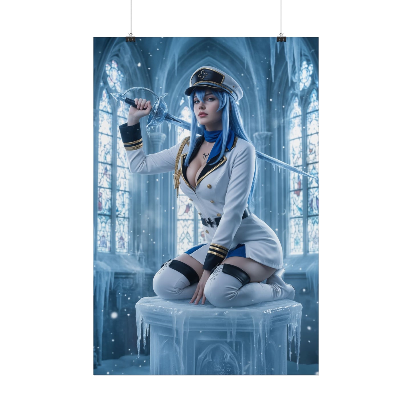 Esdeath Poster, Akame ga Kill Art Print, Iconic Ice General Wall Decor - striking cosplay art of Esdeath in white uniform with sword in icy cathedral