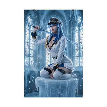 Esdeath Poster, Akame ga Kill Art Print, Iconic Ice General Wall Decor - striking cosplay art of Esdeath in white uniform with sword in icy cathedral