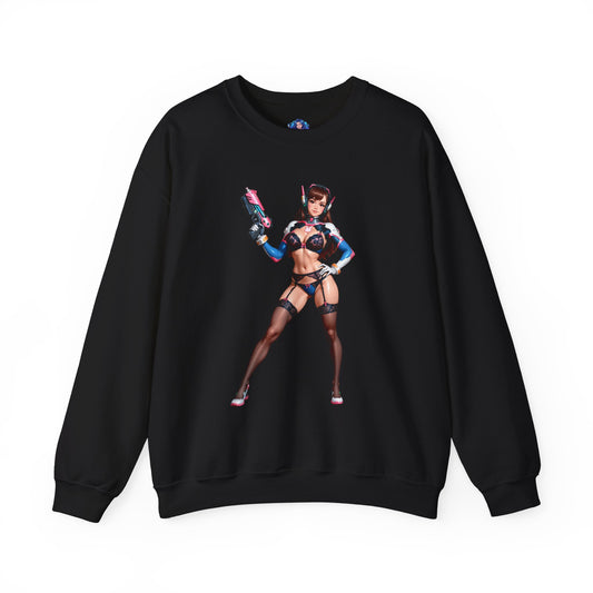 D.Va Sweatshirt, Overwatch Crewneck, Gaming Apparel for Fans & Esports Players — black crewneck with anime-style D.Va artwork in blue-pink headset pose