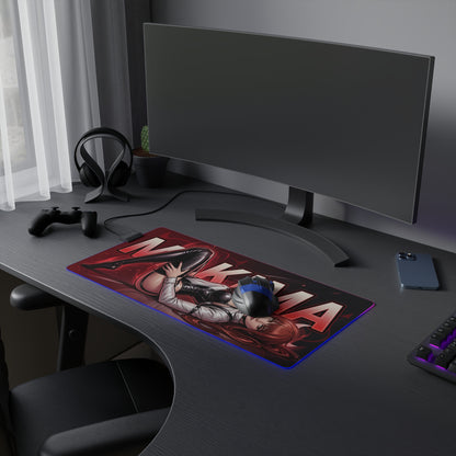 Makima RGB Desk Mat, Chainsaw Man Gaming Mouse Pad, LED Desk Mat for Anime Setup showing Makima art on a large RGB gaming desk mat