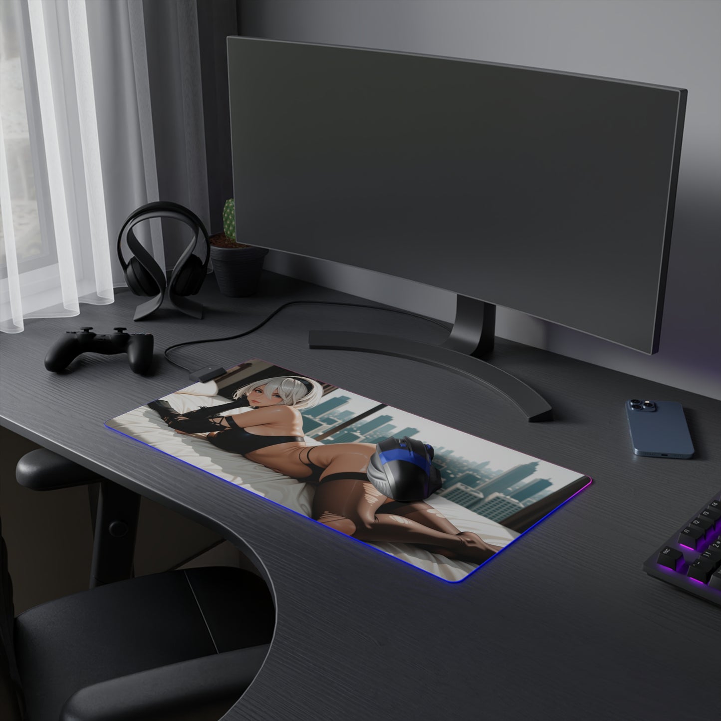 2B Desk Mat – LED RGB Pad, Waifu Android Anime Girl Gaming Setup