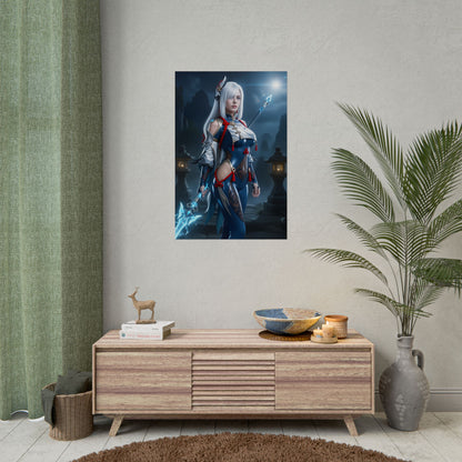 Shenhe Poster, Genshin Impact Art Print – Iconic Cryo Adeptus Heroine on modern gamer room wall as striking anime-inspired decor