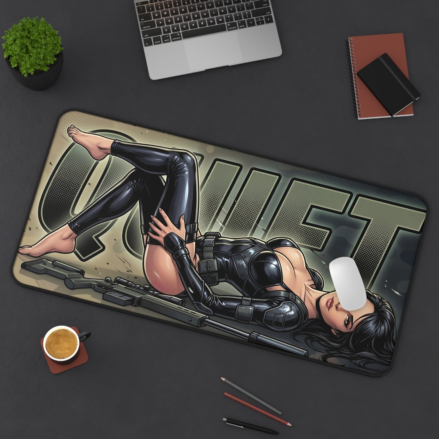 Quiet Mouse Pad – Tactical Action Gaming Mouse Pad, Stylish Gamer Desk Decor featuring tactical artwork of a reclining female operative on a gaming desk