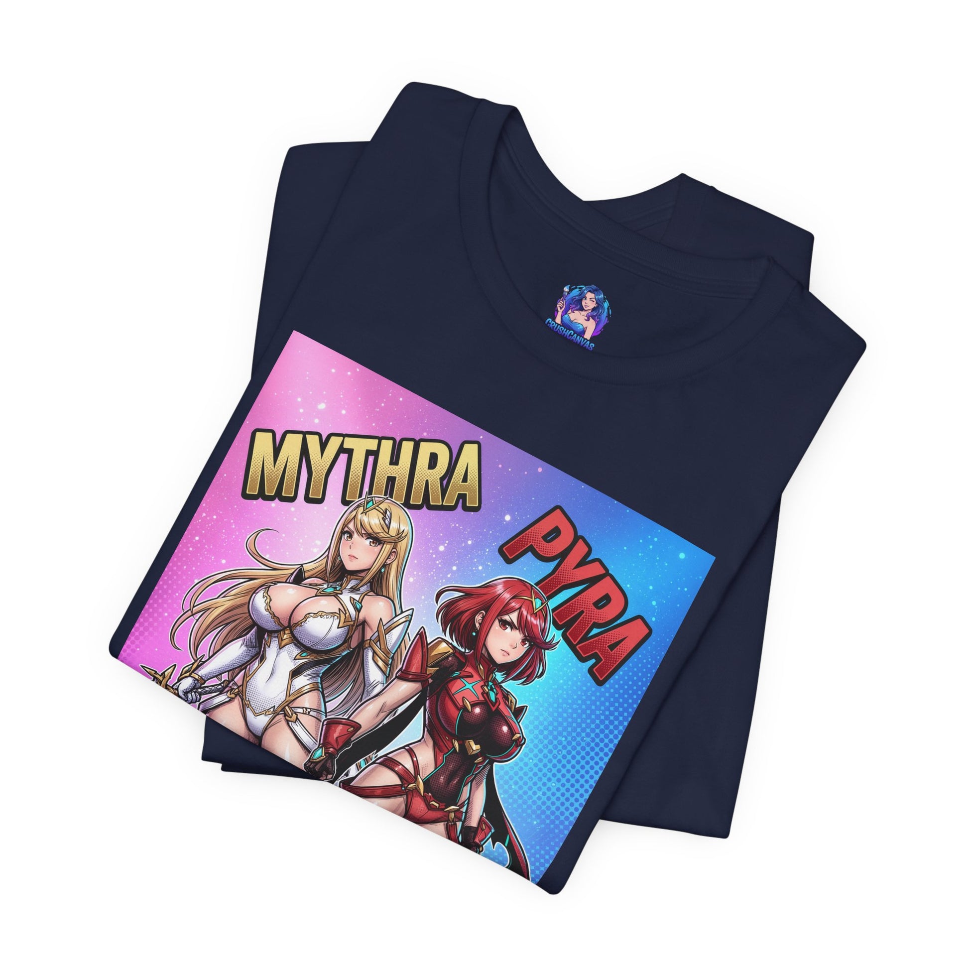 Mythra and Pyra T-Shirt | Anime Tee for Gamers — navy Bella Canvas tee with side-by-side Mythra (blonde) and Pyra (red) illustration
