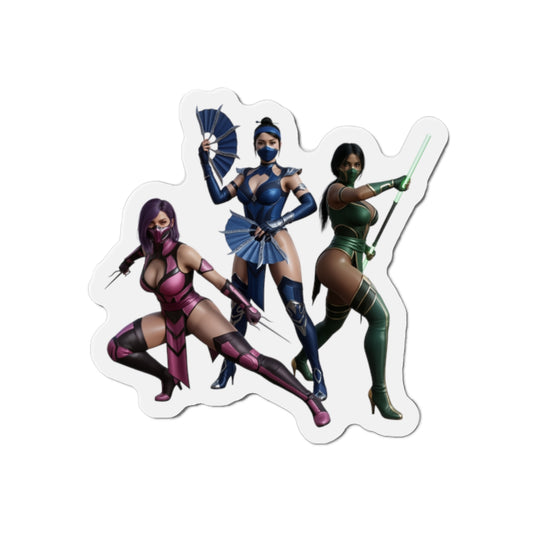 Kitana, Jade, Mileena Magnet – Mortal Kombat Anime Trio Fridge Magnet premium die-cut vinyl magnet showing anime-style Kitana, Jade, Mileena trio