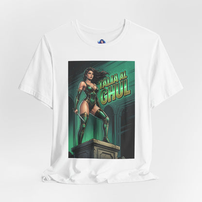Talia al Ghul T-Shirt | DC Comics Anime Tee for Gamers & Fans - white Bella Canvas tee showing emerald-toned comic illustration of Talia al Ghul standing on a pedestal