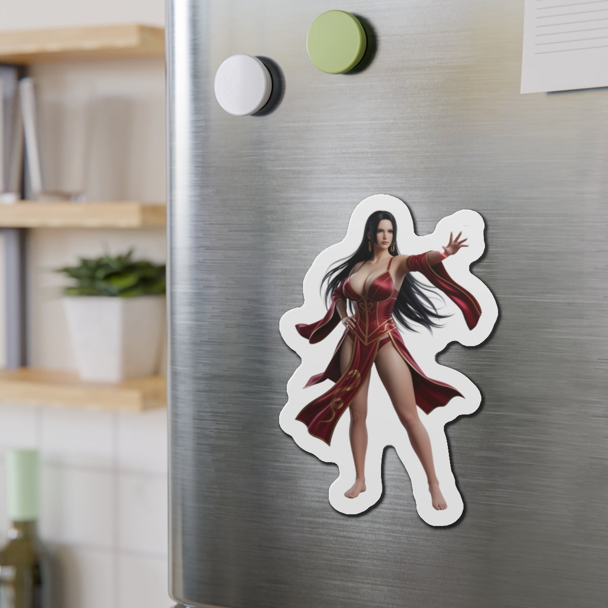 Boa Hancock Magnet – One Piece Anime Heroine Fridge Magnet, Pirate Decor on stainless steel fridge showing die-cut vinyl Boa Hancock anime magnet