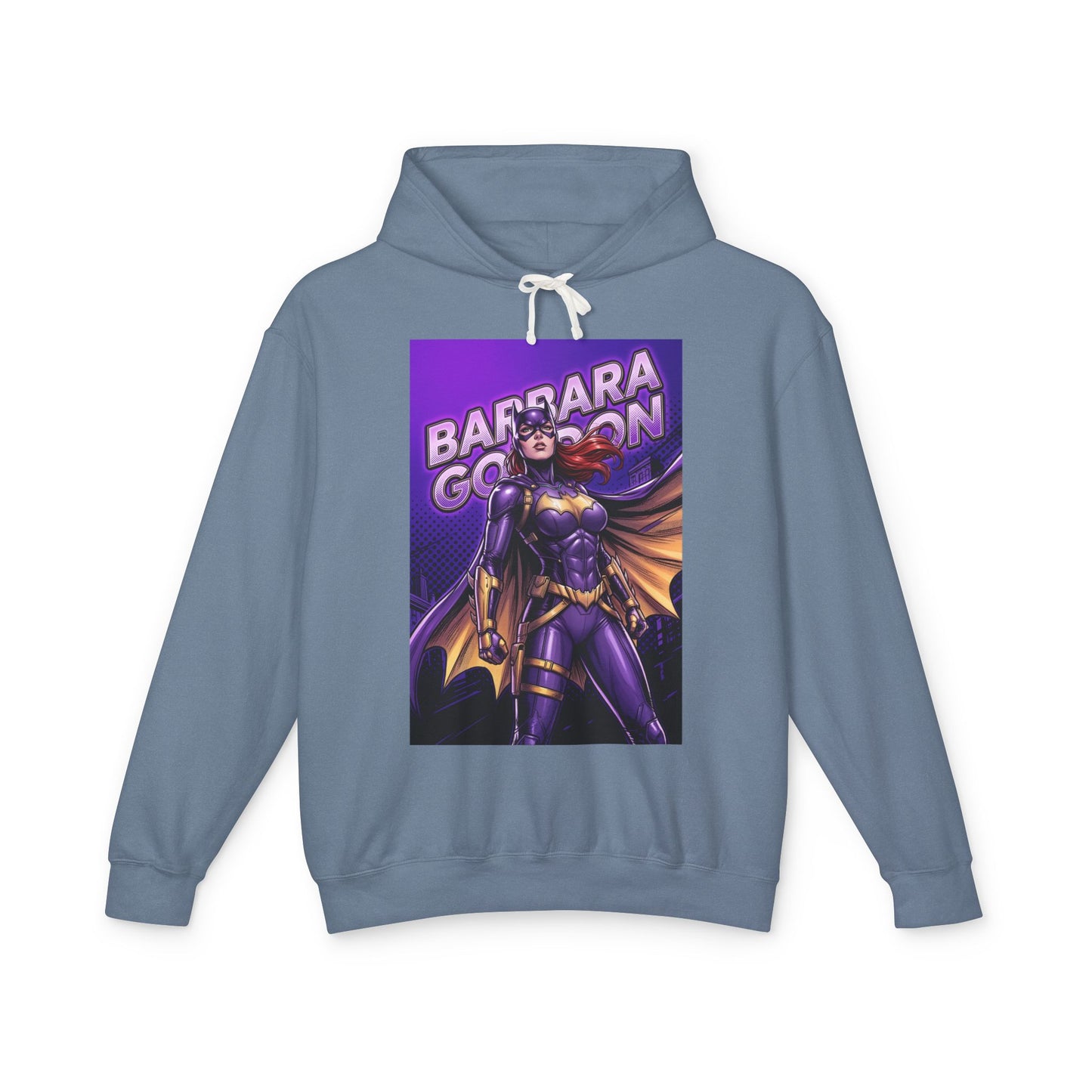 Batgirl Hoodie | DC Superhero Hoodie | Gotham Vigilante Pullover - purple-and-gold Batgirl graphic pullover on soft cotton hoodie