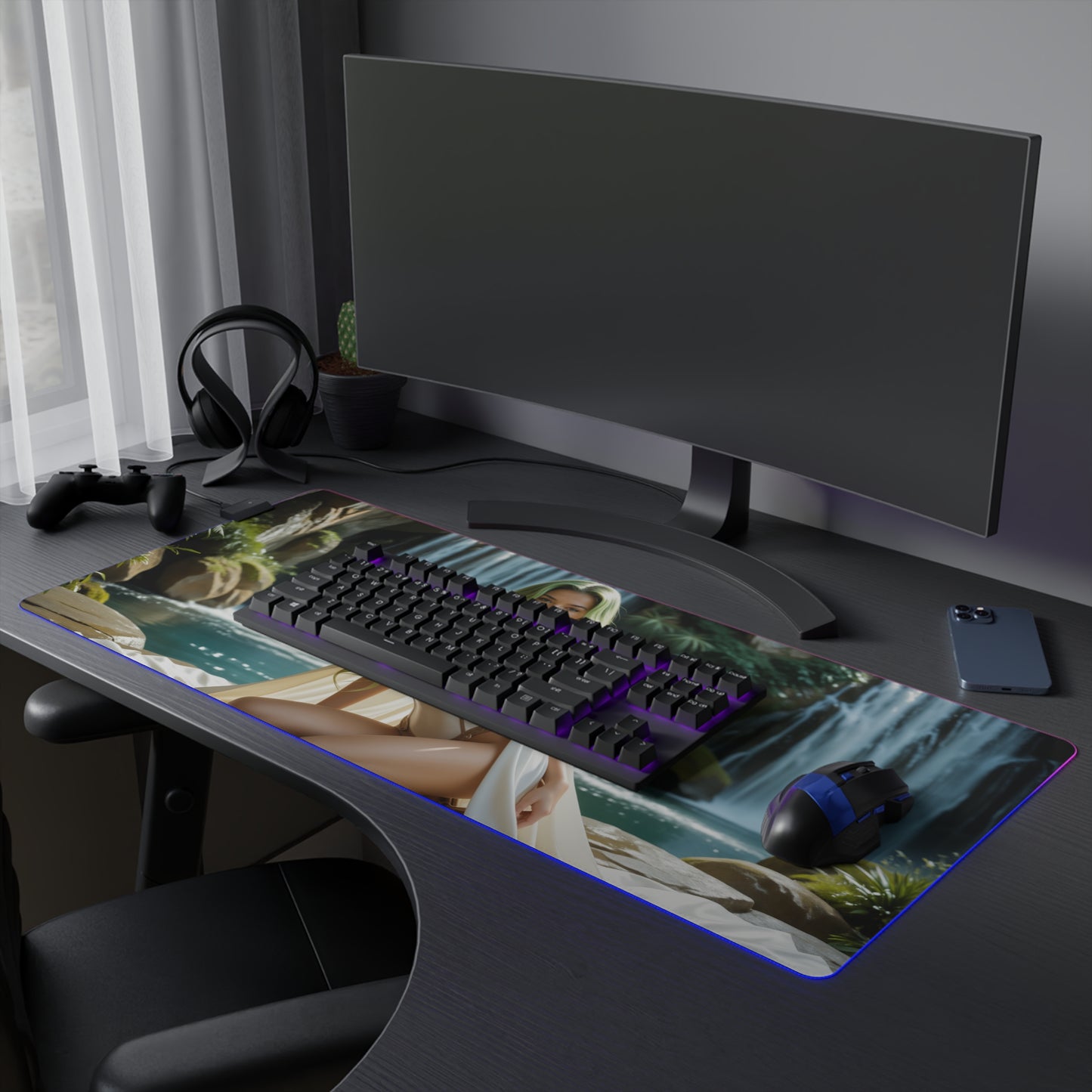 Килимок для столу CC – світлодіодний RGB-підкладка, елегантна ігрова конфігурація з аніме-дівчиною Вайфу