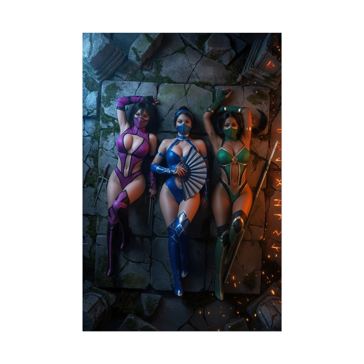 Kitana Mileena Jade Poster, Mortal Kombat Wall Art Print  Trio Decor featuring three female fighters in colorful costumes on stone floor