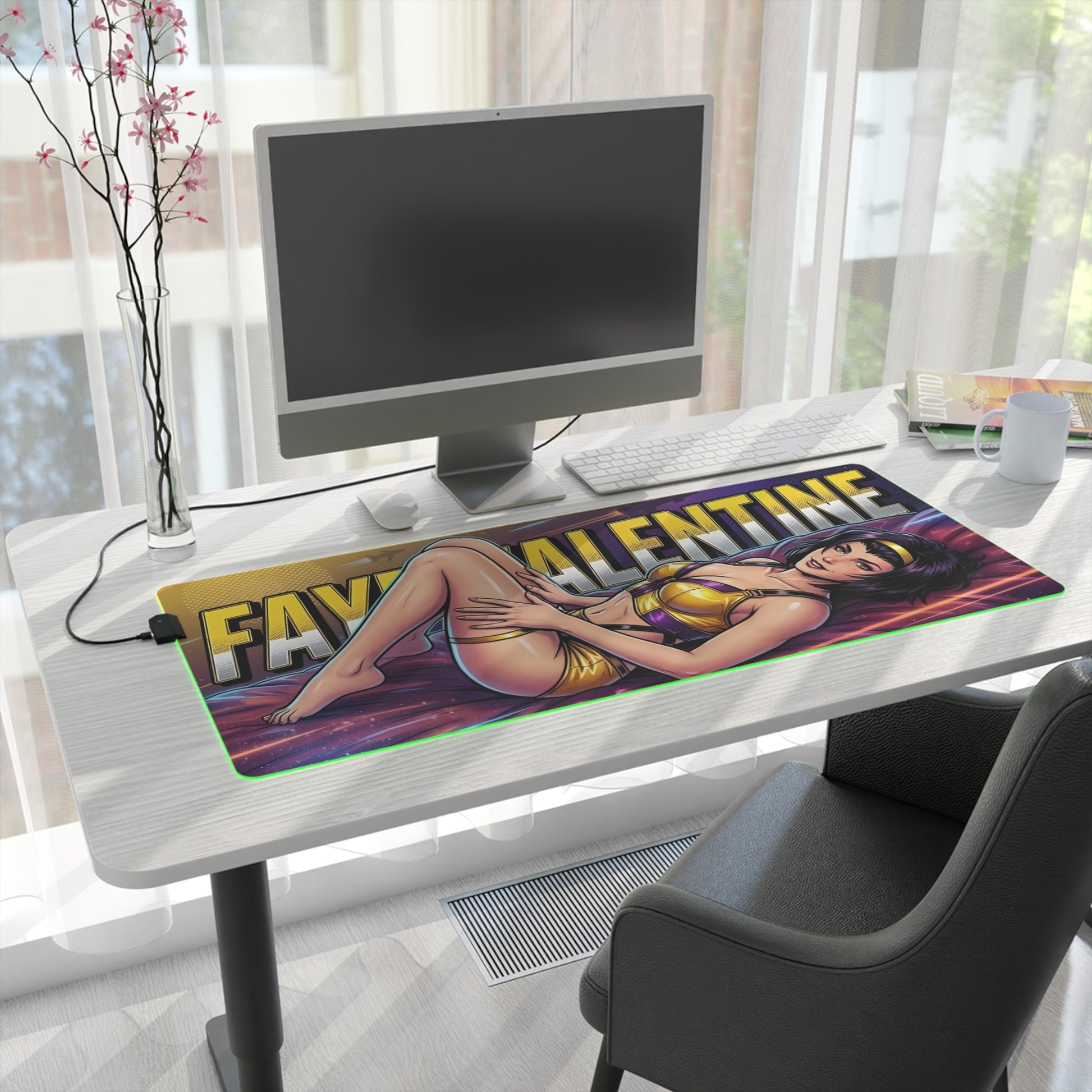 Faye Valentine RGB Desk Mat, Cowboy Bebop Gaming Mouse Pad, LED Desk Mat for Gamer Setup - vibrant anime heroine RGB LED desk mat on modern gaming desk