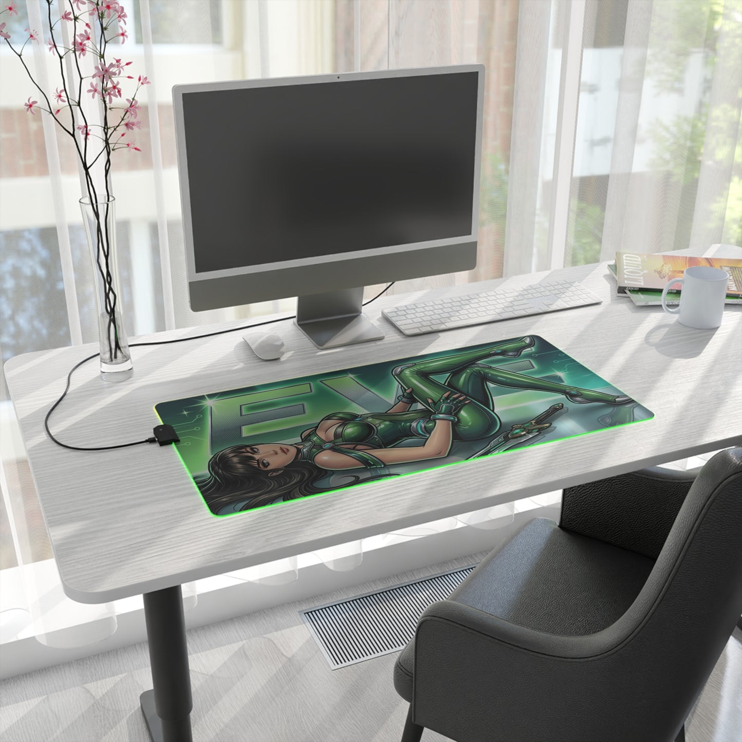 EVE RGB Desk Mat, Stellar Blade Gaming Mouse Pad, LED Desk Mat for Futuristic Setup on modern white desk with green-lit sci-fi character artwork and non-slip base