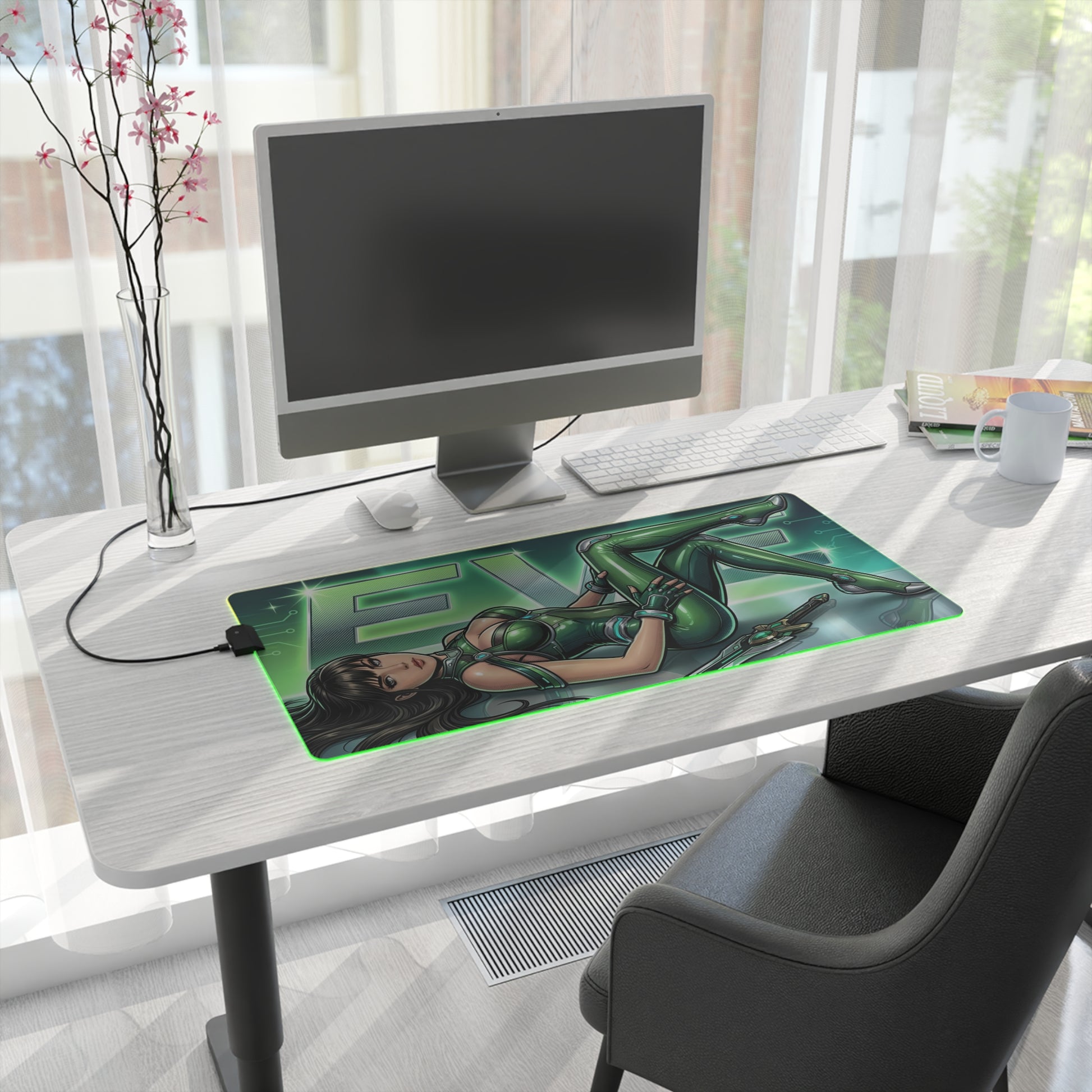 EVE RGB Desk Mat, Stellar Blade Gaming Mouse Pad, LED Desk Mat for Futuristic Setup on modern white desk with green-lit sci-fi character artwork and non-slip base