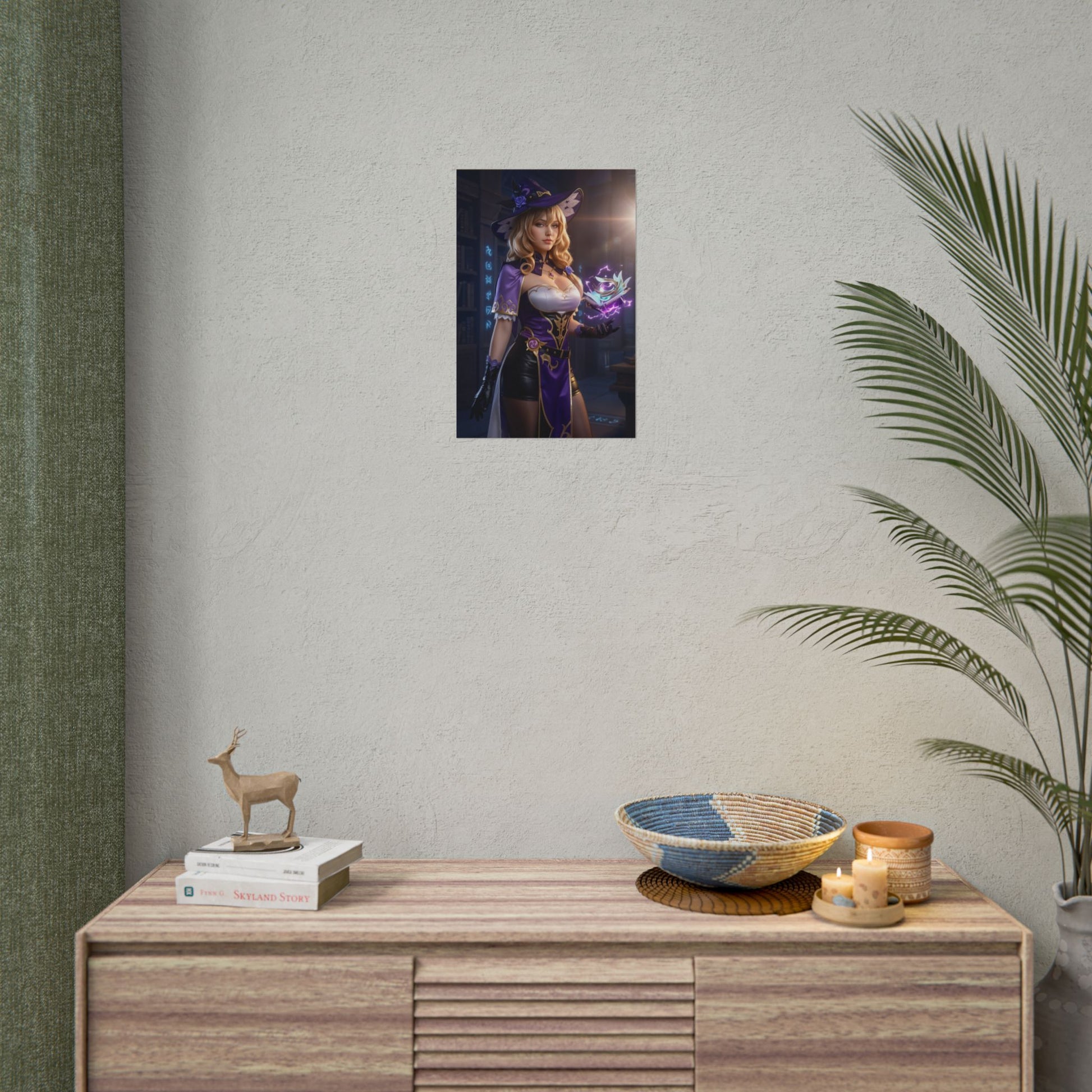 Lisa Poster, Genshin Impact Art Print – Iconic Electro Mage Heroine displayed as framed wall art in a stylish gamer room setup