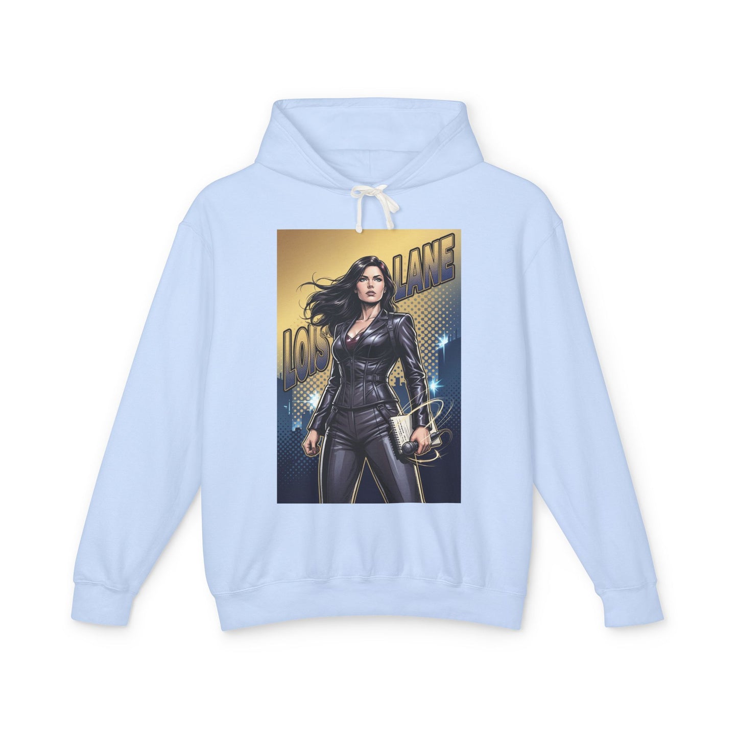 Lois Lane Hoodie | DC Comics Hoodie | Fearless Reporter Pullover featuring bold graphic of Lois Lane in leather jacket on light blue pullover