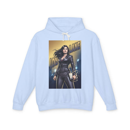 Lois Lane Hoodie | DC Comics Hoodie | Fearless Reporter Pullover featuring bold graphic of Lois Lane in leather jacket on light blue pullover