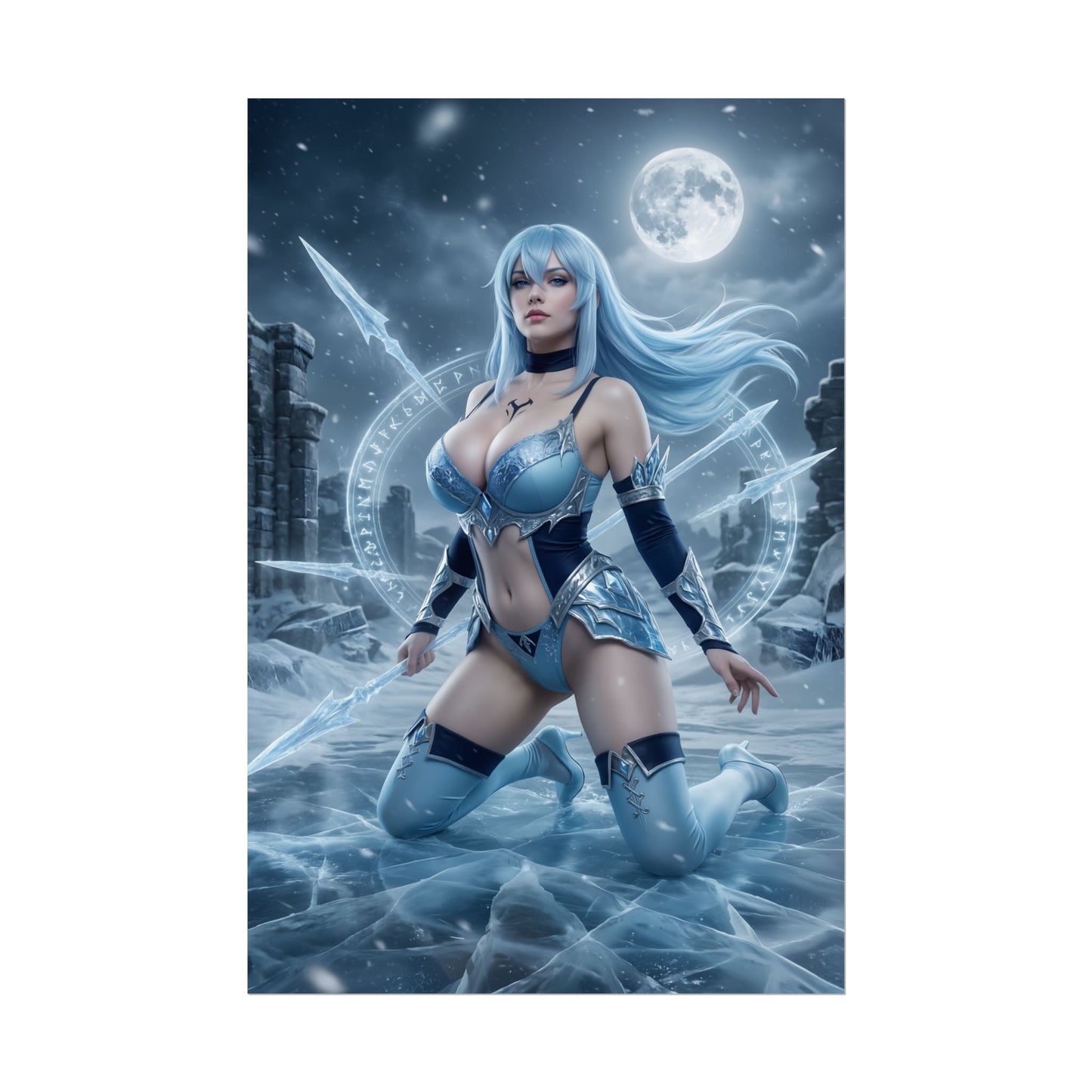 Esdeath Poster / Esdeath Wall Art / Esdeath Art Print / Akame ga Kill Poster of ice-general kneeling on frozen battlefield under moonlight, blue tones