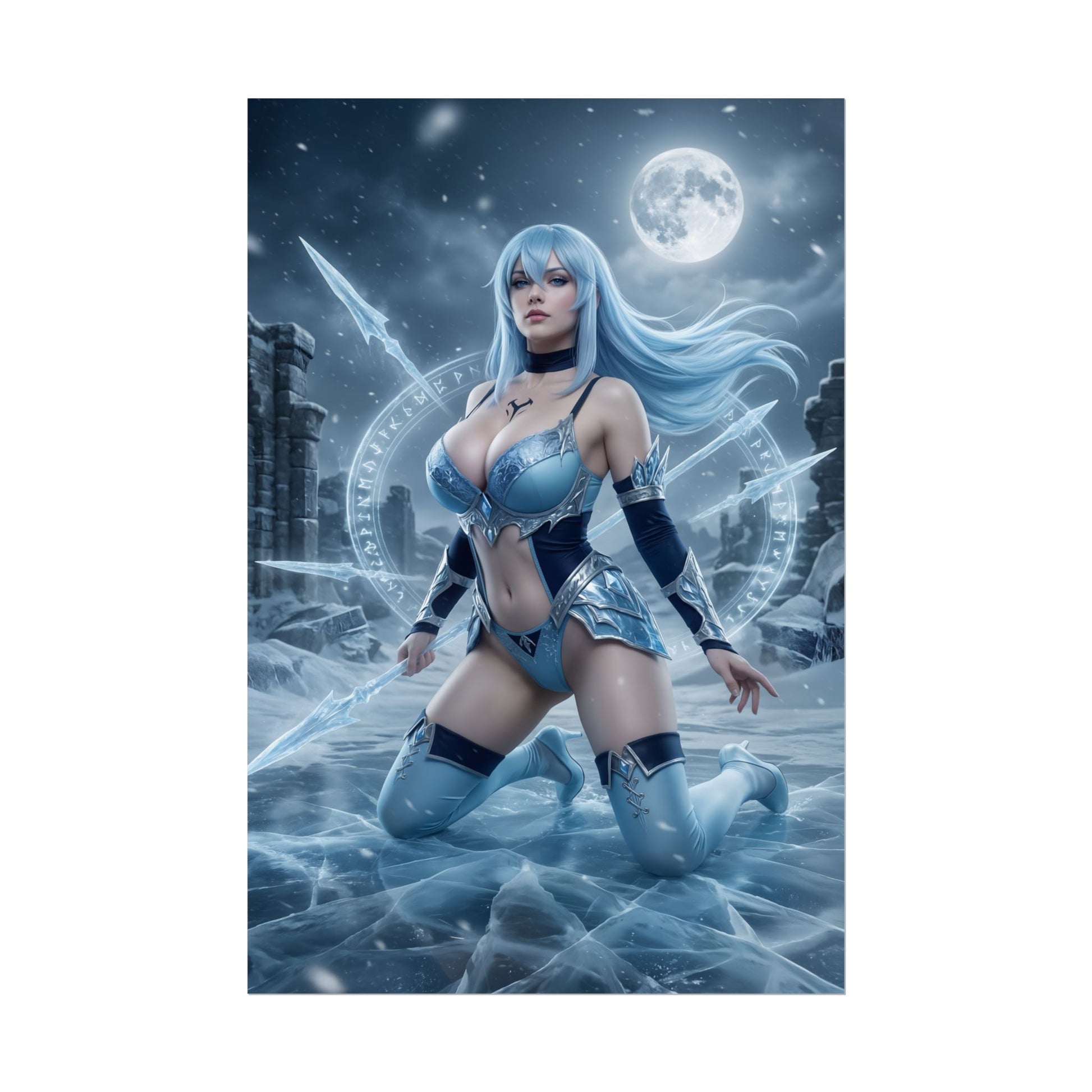 Esdeath Poster / Esdeath Wall Art / Esdeath Art Print / Akame ga Kill Poster of ice-general kneeling on frozen battlefield under moonlight, blue tones