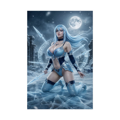 Esdeath Poster / Esdeath Wall Art / Esdeath Art Print / Akame ga Kill Poster of ice-general kneeling on frozen battlefield under moonlight, blue tones