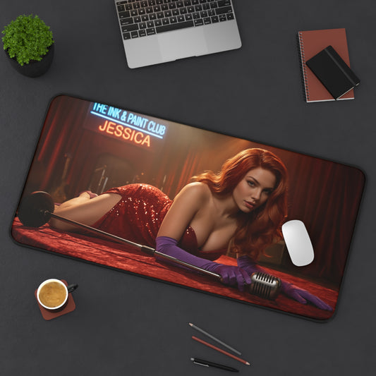 Jessica Rabbit Gaming Mouse Pad, Classic Cartoon Desk Mat, Retro Glam Desk Setup — retro glam desk mat with Jessica in sequined dress and vintage microphone