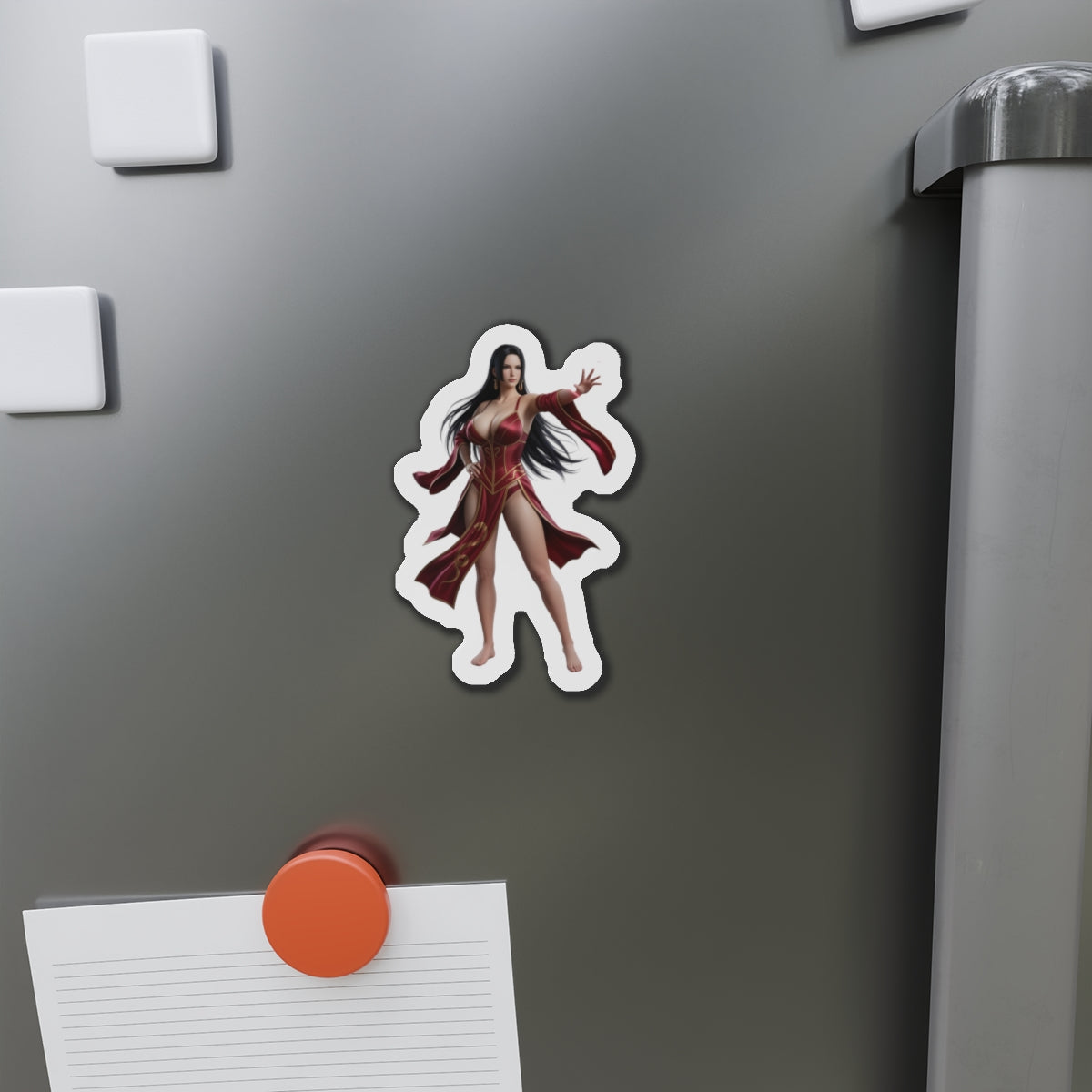 Boa Hancock Magnet – One Piece Anime Heroine Fridge Magnet, Pirate Decor shown as die-cut vinyl fridge magnet of Boa Hancock on stainless fridge