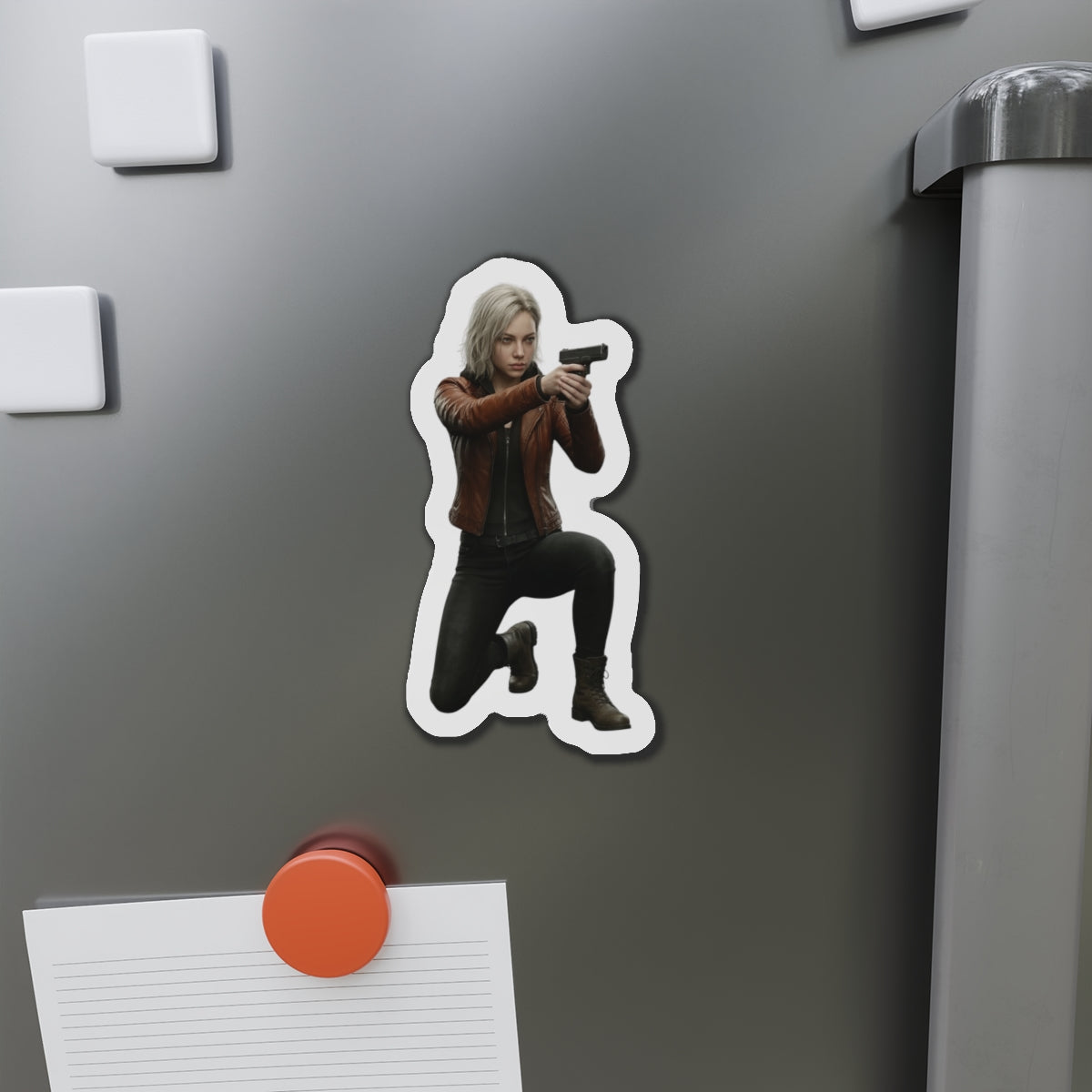 Grace Ashcroft Magnet, Resident Evil Fridge Magnet, Survival Horror Game Decor - high-res vinyl magnet showing Grace aiming a pistol on a refrigerator