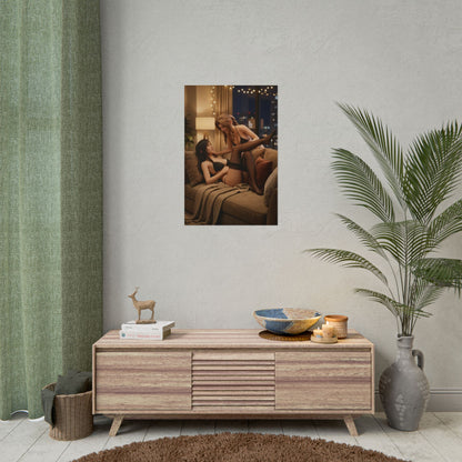 Tifa Aerith Poster, Final Fantasy Art Print – RPG Heroines Collector Art hanging above modern console in cozy gaming room