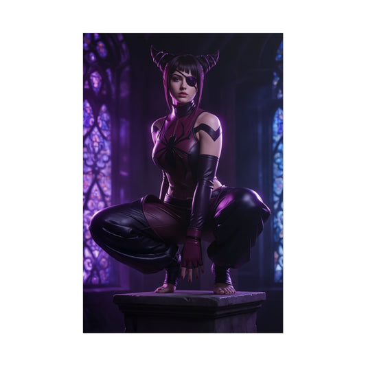 Juri Han Street Fighter Poster – Iconic Fighting Game Heroine Wall Art crouching character in purple lighting, ultra-high resolution wall art