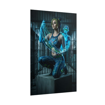 Jolyne Cujoh Poster, JoJo Stone Ocean Art Print, Iconic Anime Hero — dynamic art of Jolyne with glowing Stand in moody prison setting