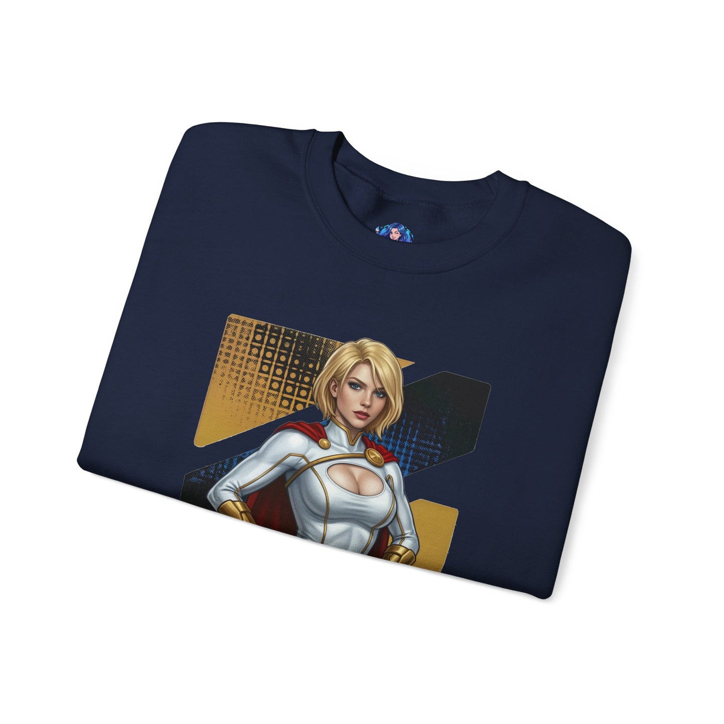 Power Girl Sweatshirt, DC Comics Crewneck, Bold Superhero Apparel for Fans — navy crewneck with bold Power Girl chest-art and cape design