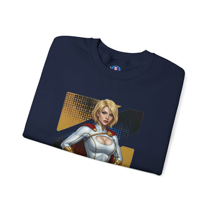 Power Girl Sweatshirt, DC Comics Crewneck, Bold Superhero Apparel for Fans — navy crewneck with bold Power Girl chest-art and cape design