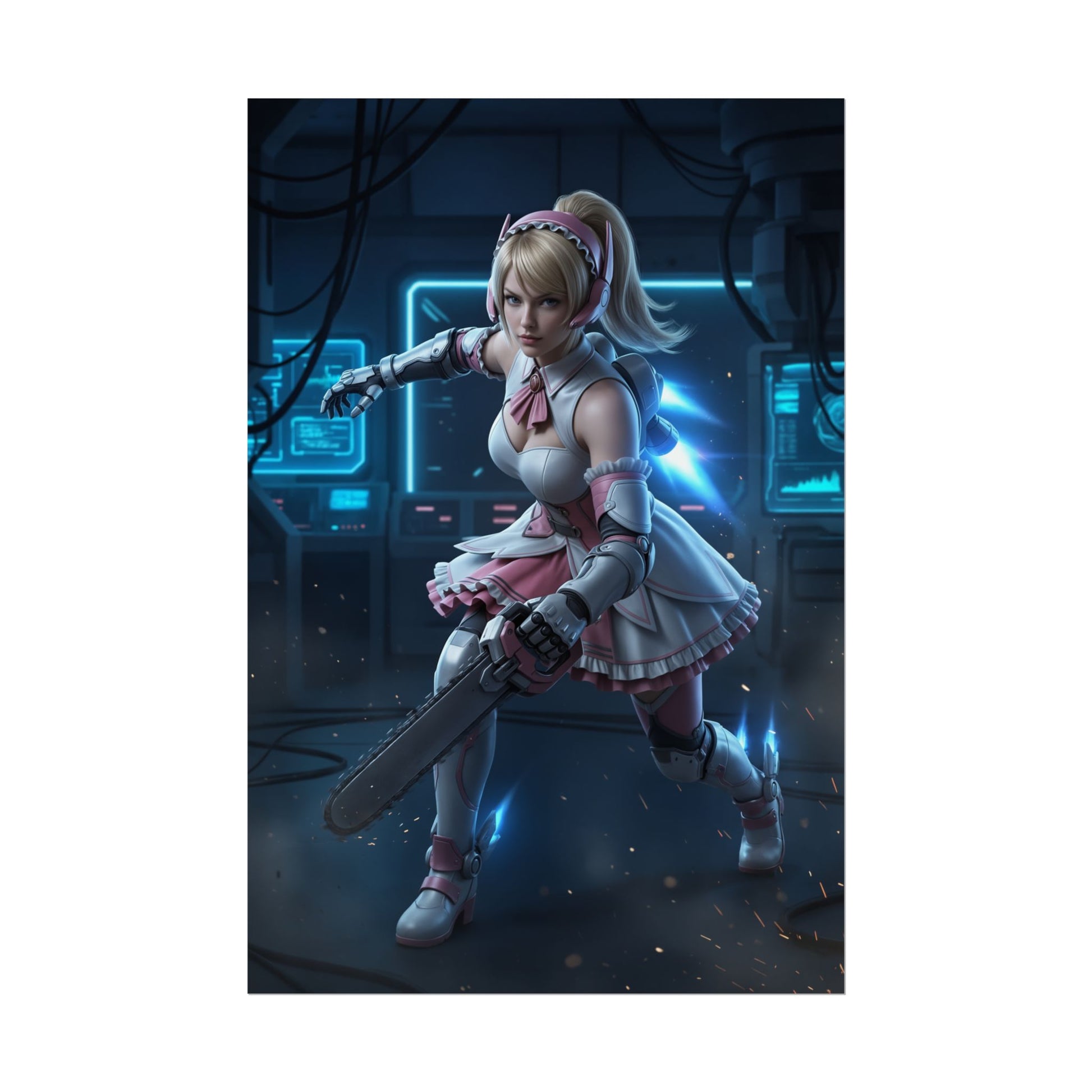 Alisa Bosconovitch Tekken Poster – Iconic Android Heroine Wall Art featuring futuristic heroine in pink combat dress with chainsaw in high‑res gaming lab