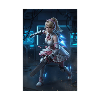 Alisa Bosconovitch Tekken Poster – Iconic Android Heroine Wall Art featuring futuristic heroine in pink combat dress with chainsaw in high‑res gaming lab