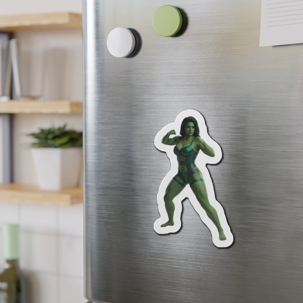 She-Hulk Magnet – Marvel Heroine Fridge Magnet, Anime Style Decor on stainless fridge showing die-cut anime-style She-Hulk vinyl magnet