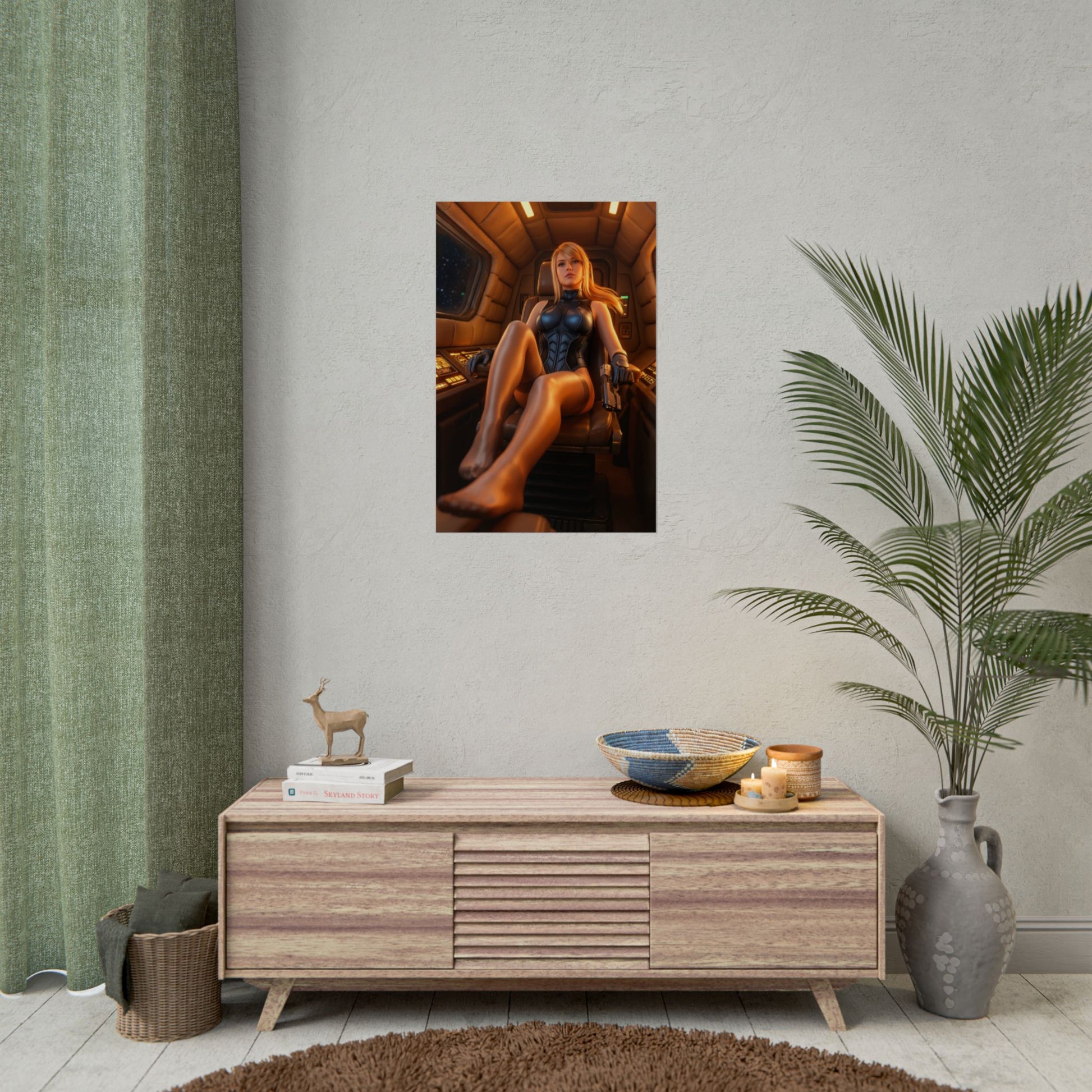 Samus Aran Poster, Sci-Fi Art Print – Iconic Space Armor Heroine framed on living room wall above wooden console